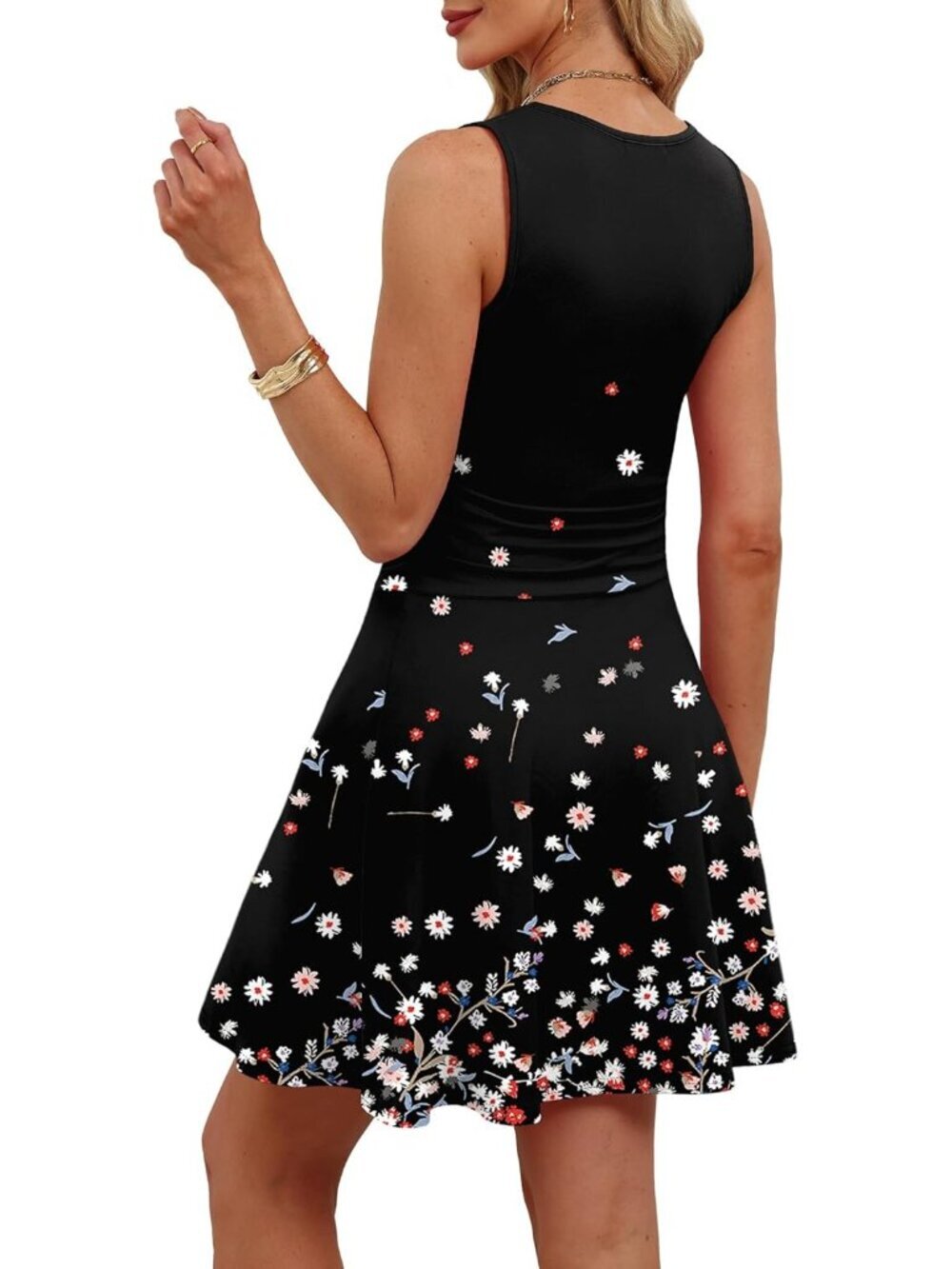Womens Print Black Square Neck Ruched Waist Fit Flare Pleated Pull On Mini Dress - Picture 5 of 5